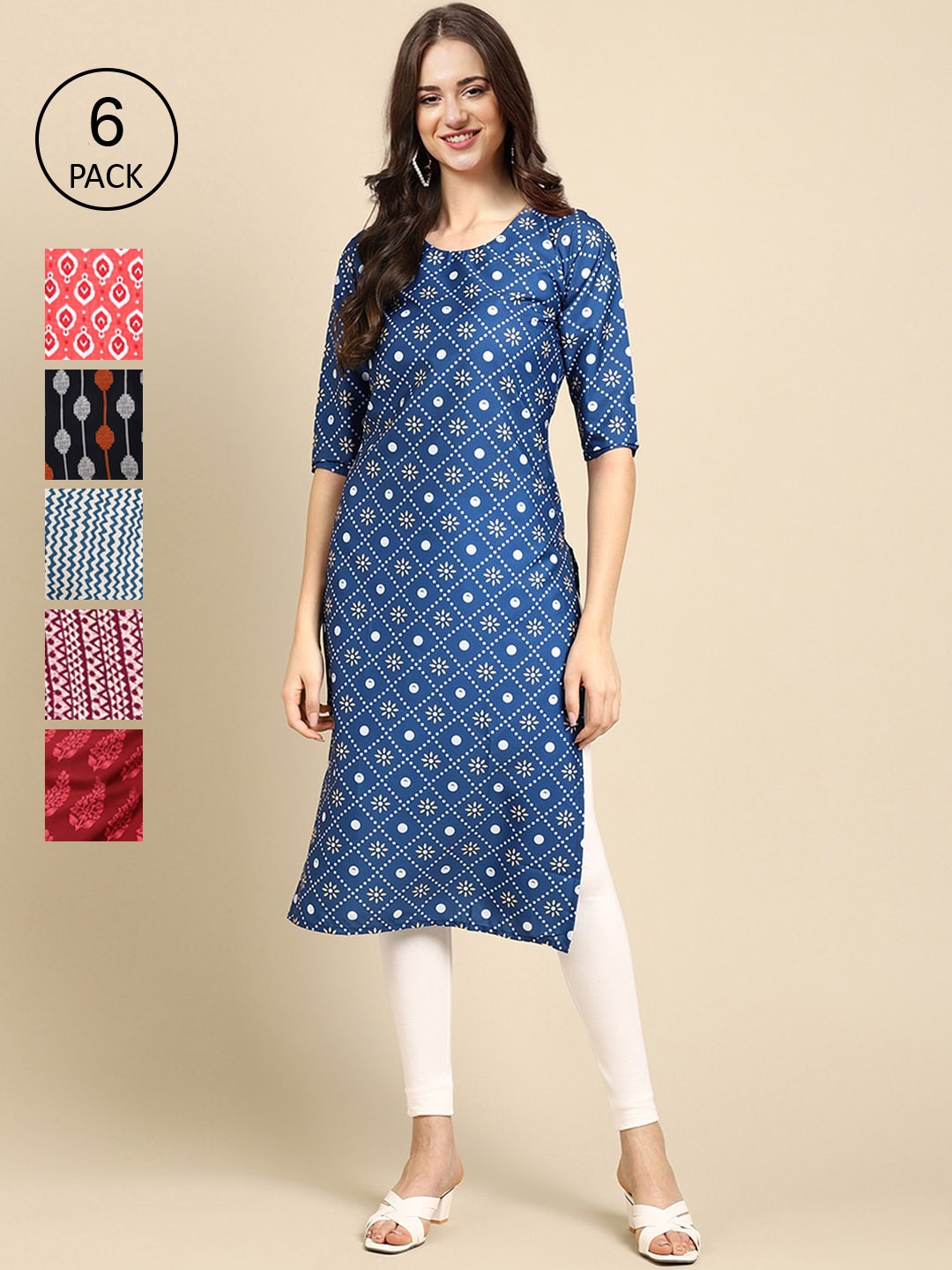 

7Threads Women Pack Of 6 Geometric Printed Crepe Kurta, Blue