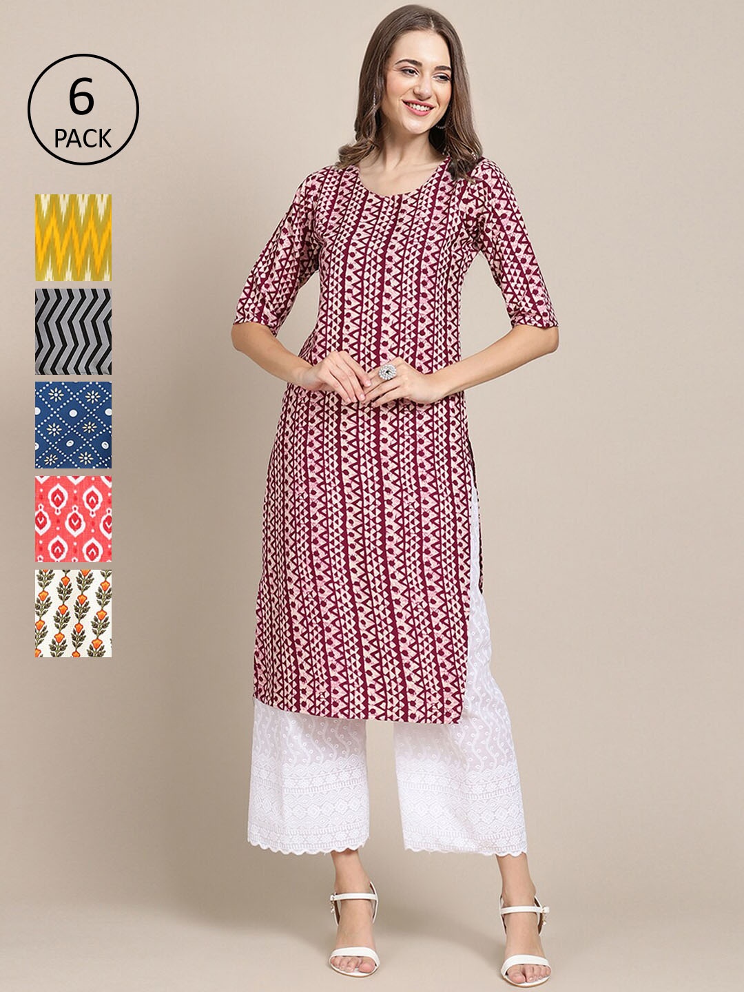 

7Threads Women Pack Of 6 Geometric Printed Crepe Kurta, Yellow