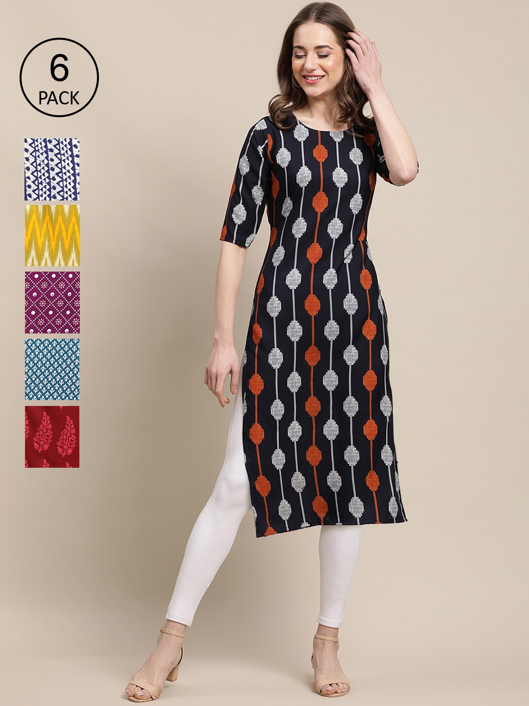 

7Threads Pack of 6 Women Black & Yellow Geometric Printed Crepe Kurta