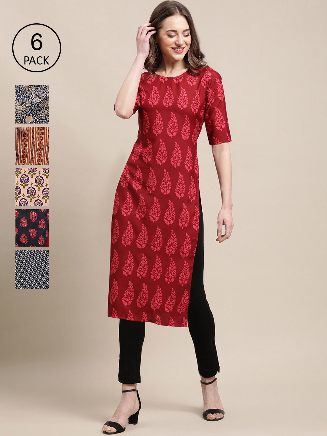 

7Threads Pack of 6 Women Brown & Red Ethnic Motifs Printed Crepe Kurta