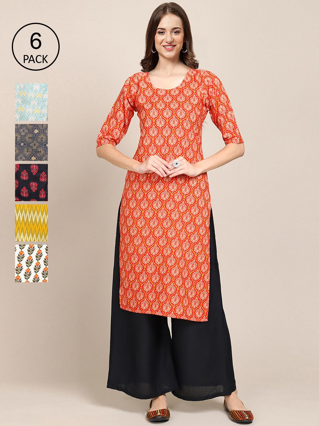 

7Threads Pack of 6 Women Ethnic Motifs Printed Crepe Kurta, Orange