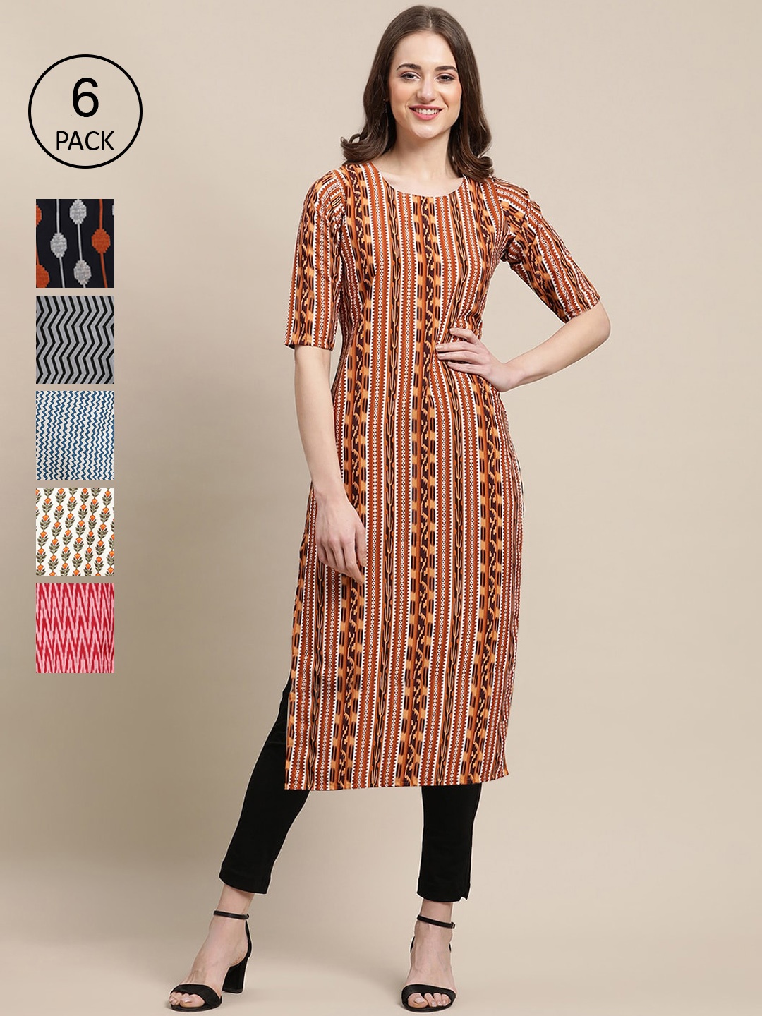 

7Threads Pack of 6 Women Ethnic Motifs Printed Crepe Kurta, Brown