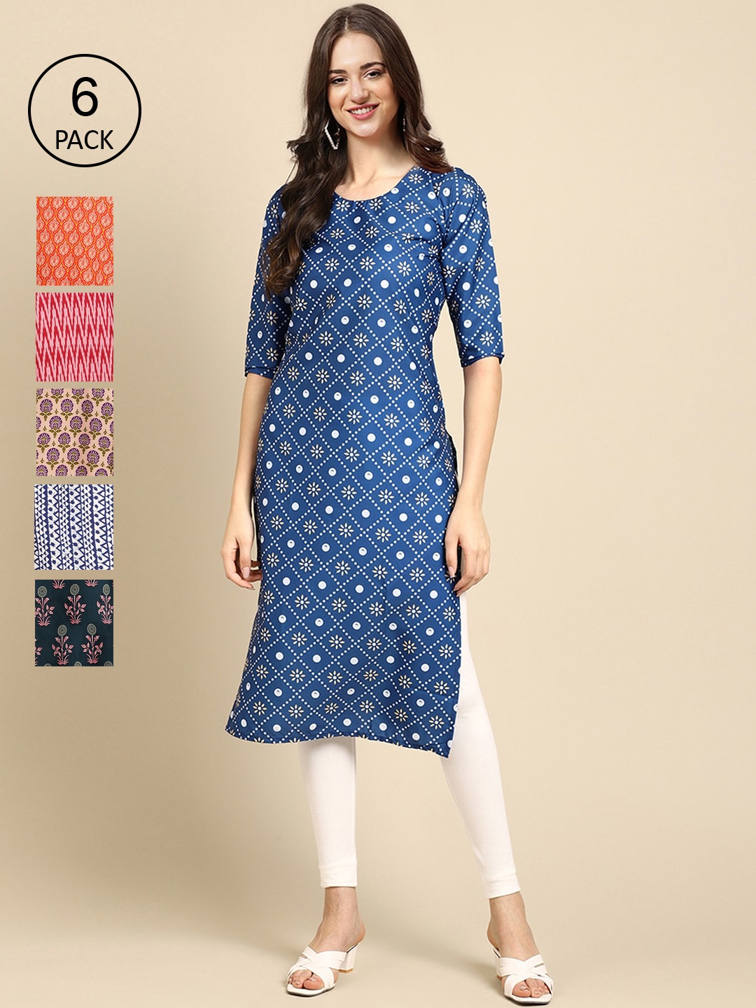 

7Threads Pack of 6 Women Ethnic Motifs Crepe Kurta, Blue