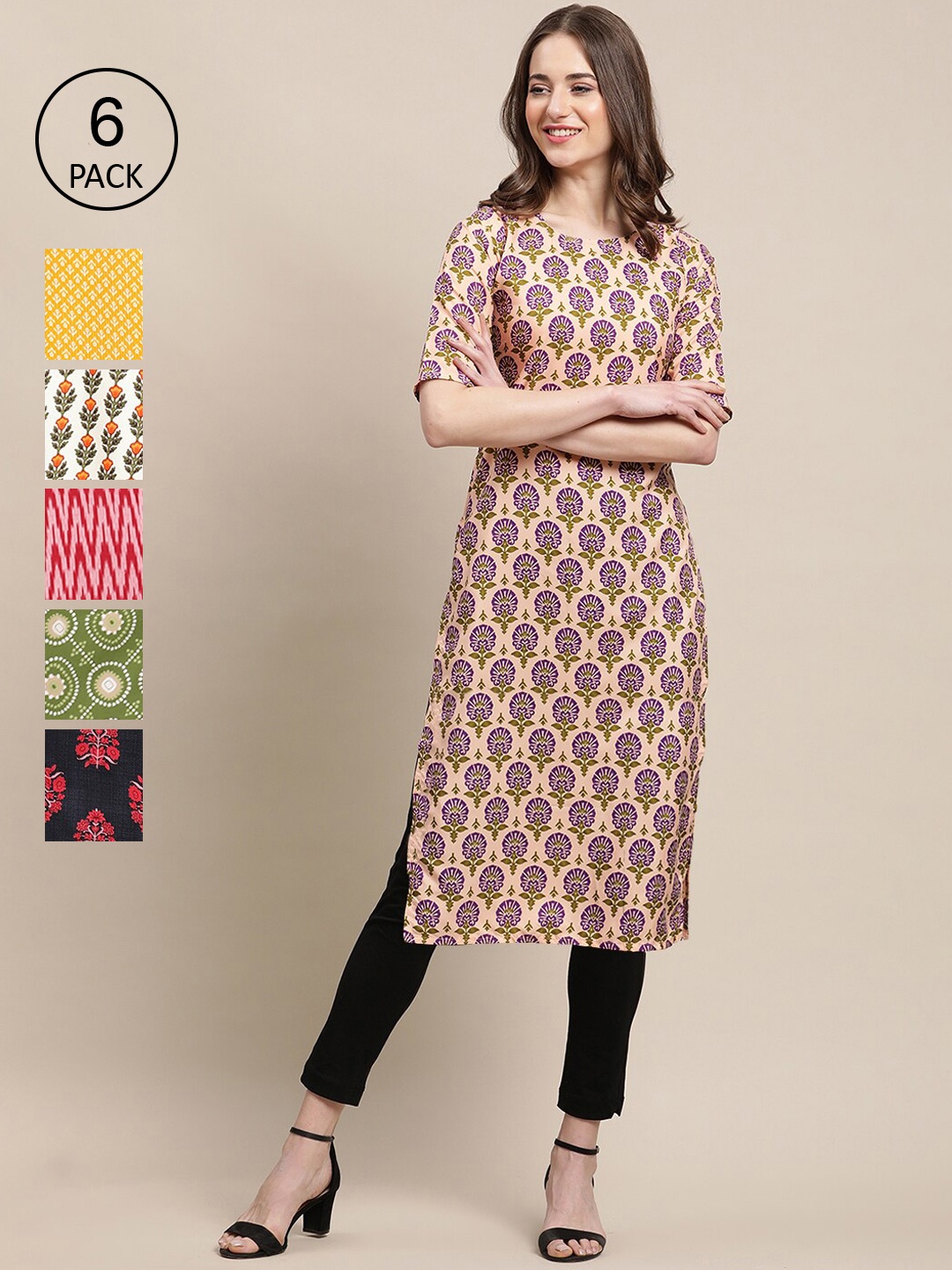 

7Threads Pack of 6 Women Ethnic Motifs Printed Crepe Kurta, Yellow