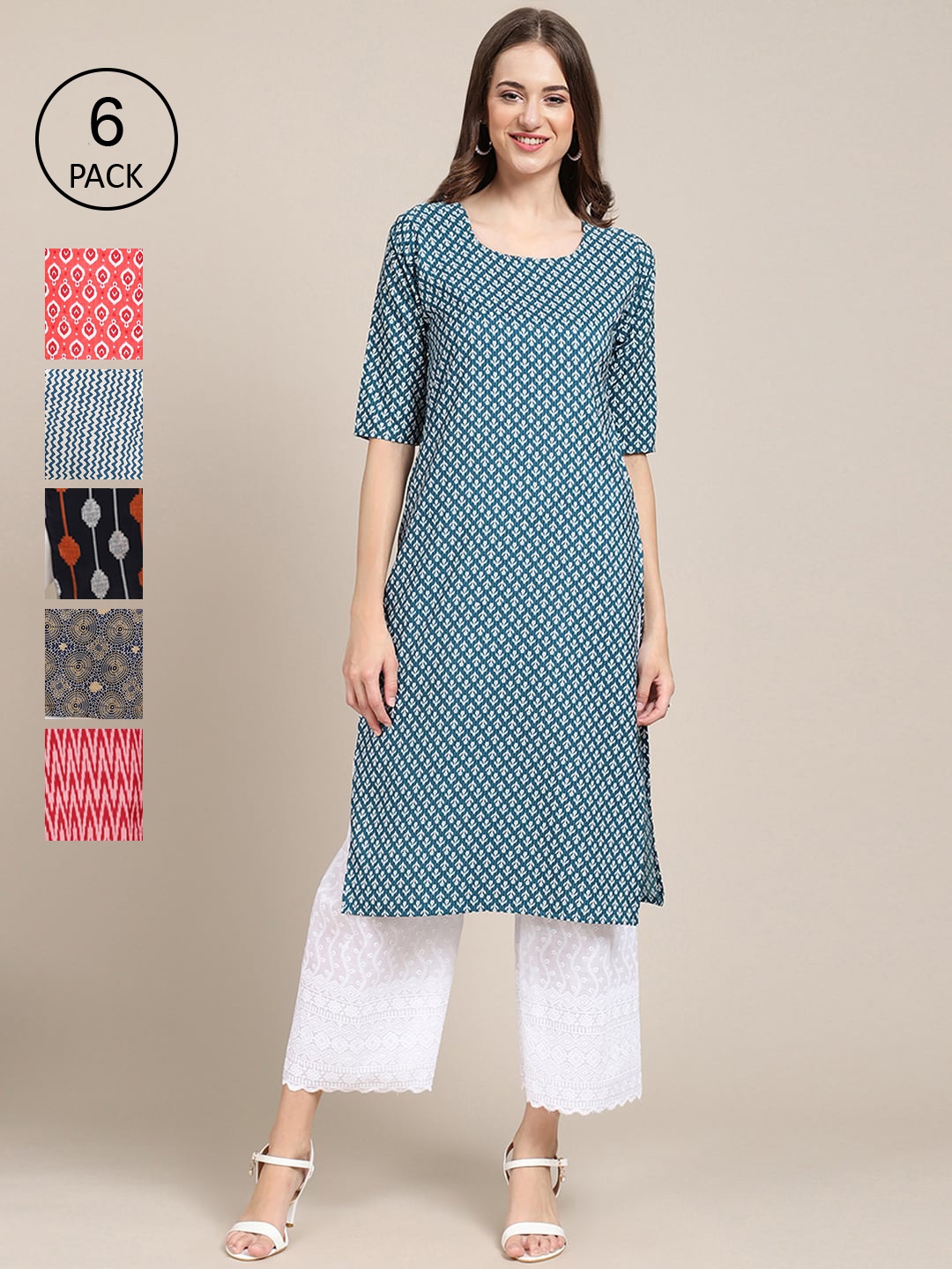 

7Threads Pack of 6 Women Ethnic Motifs Crepe Kurta, Blue