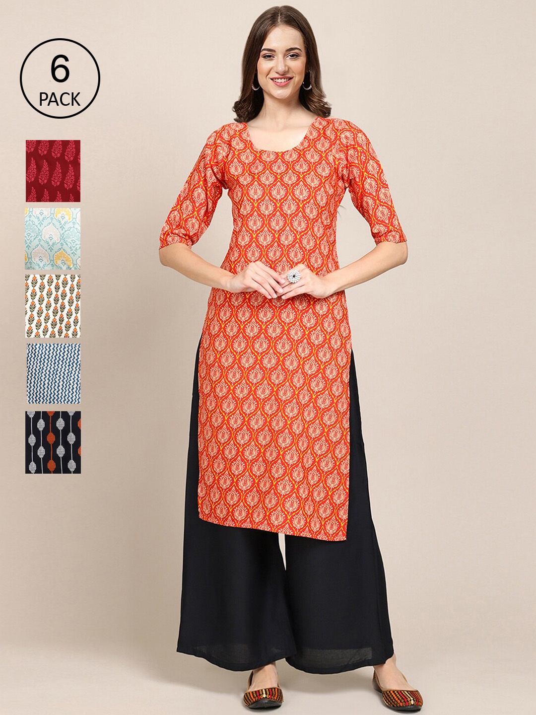 

7Threads Pack of 6 Women Ethnic Motifs Printed Crepe Kurta, Orange