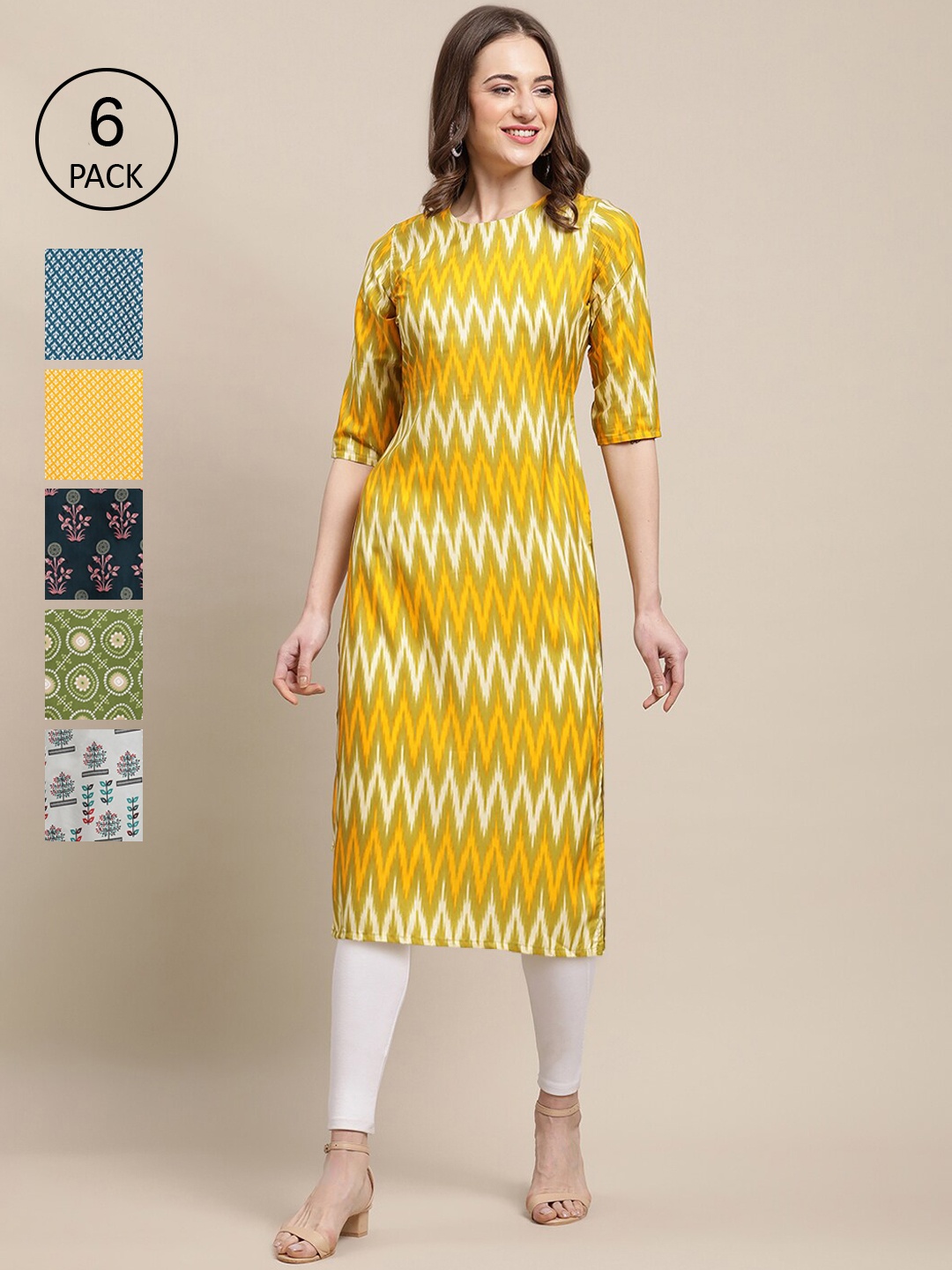 

7Threads Pack of 6 Women Ethnic Motifs Printed Crepe Kurta, Yellow