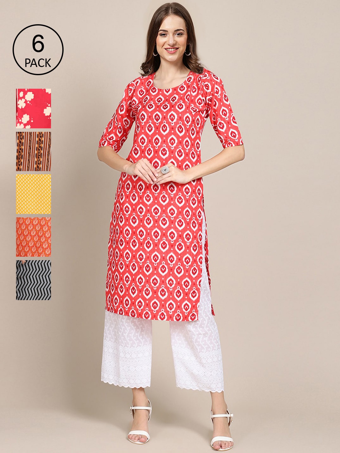 

7Threads Pack of 6 Women Ethnic Motifs Printed Crepe Kurta, Yellow