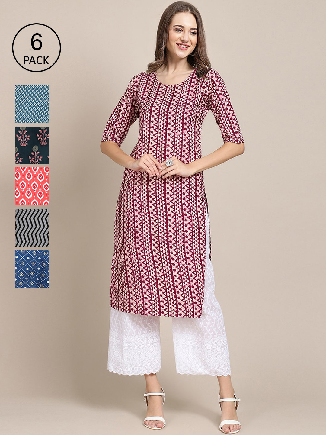 

7Threads Women Purple & Red Pack of 6 Floral Printed Crepe Kurta