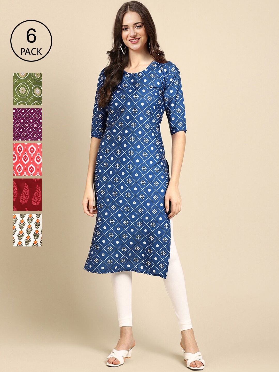 

7Threads Women Blue & Purple Pack of 6 Floral Printed Crepe Kurta
