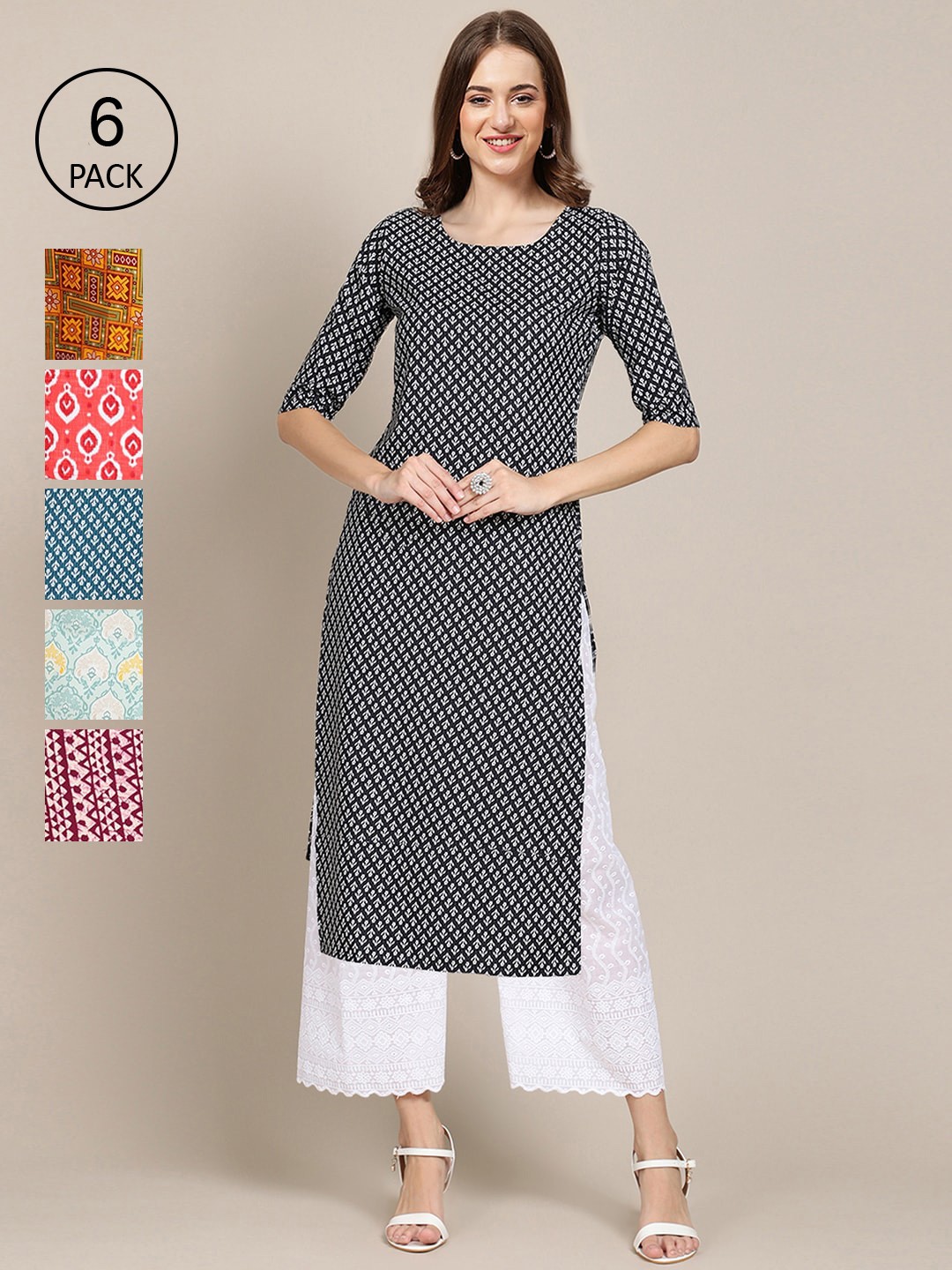 

7Threads Women Black & Red Pack of 6 Ethnic Motifs Printed Crepe Kurta
