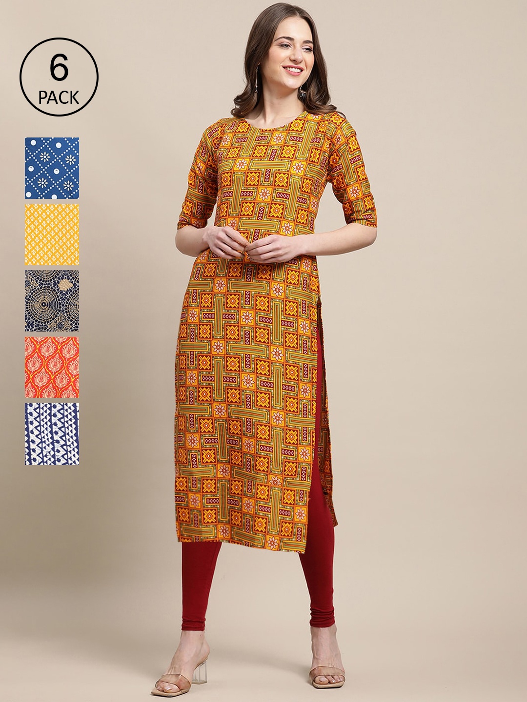 

7Threads Women Mustard Yellow & Blue Pack of 6 Ethnic Motifs Printed Crepe Kurta