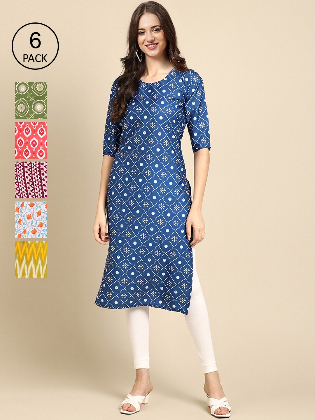 

7Threads Women Blue & Green Pack of 6 Floral Printed Crepe Kurta