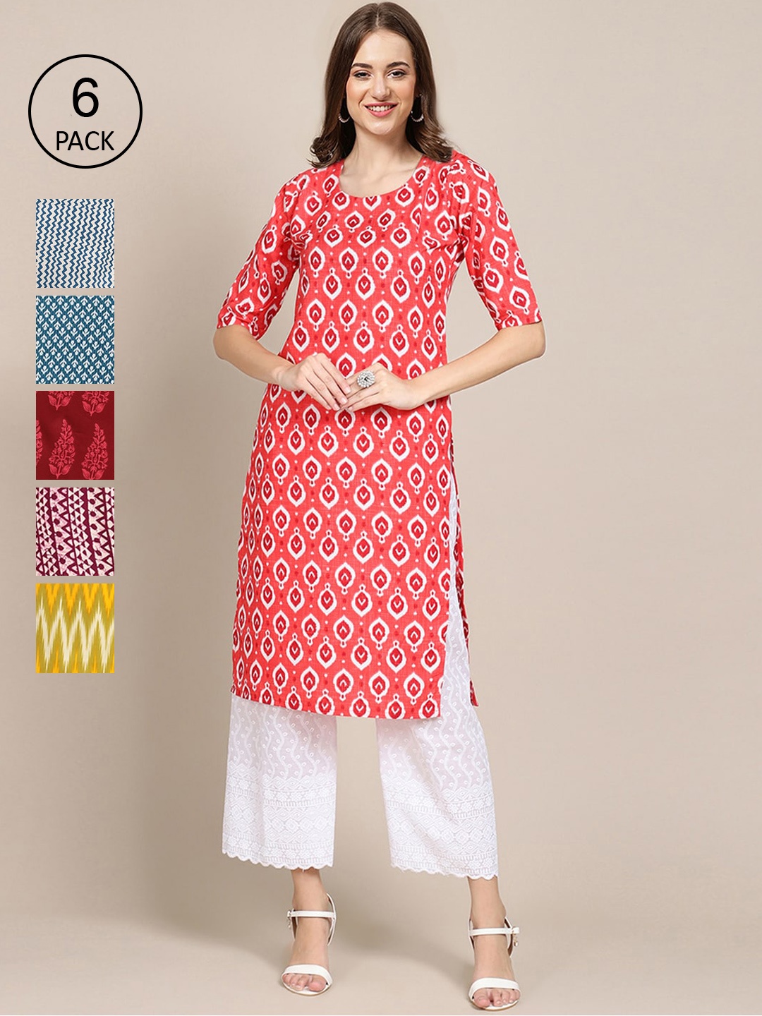 

7Threads Women Red & Blue Pack of 6 Ethnic Motifs Printed Crepe Kurta