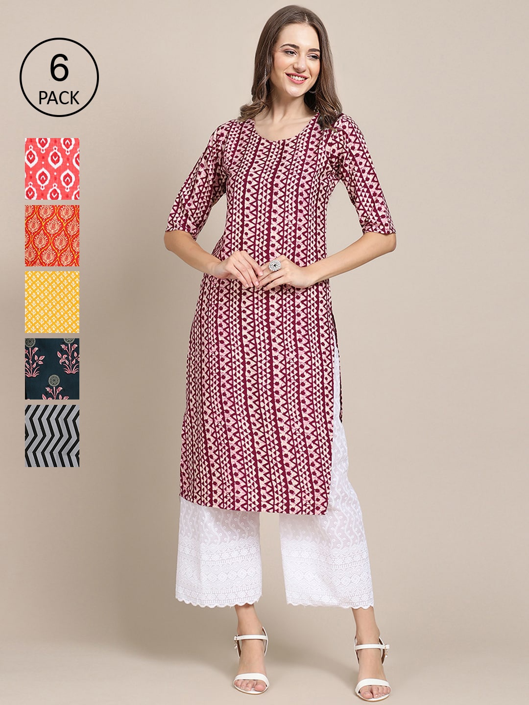 

7Threads Women Orange & Purple Pack of 6 Floral Printed Crepe Kurta