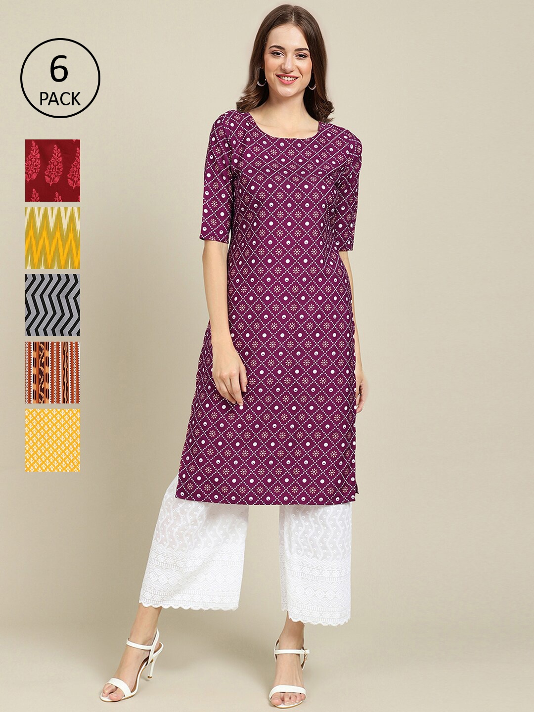 

7Threads Women Purple & Yellow Pack of 6 Floral Printed Crepe Kurta