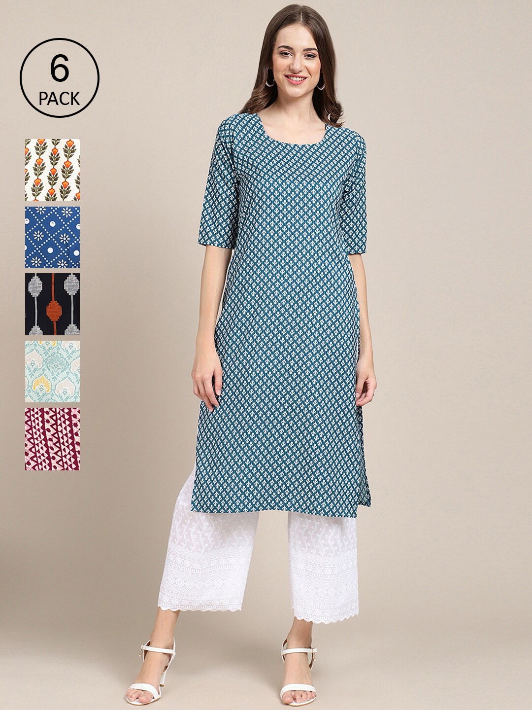 

7Threads Women Blue & Black Pack of 6 Floral Printed Crepe Kurta