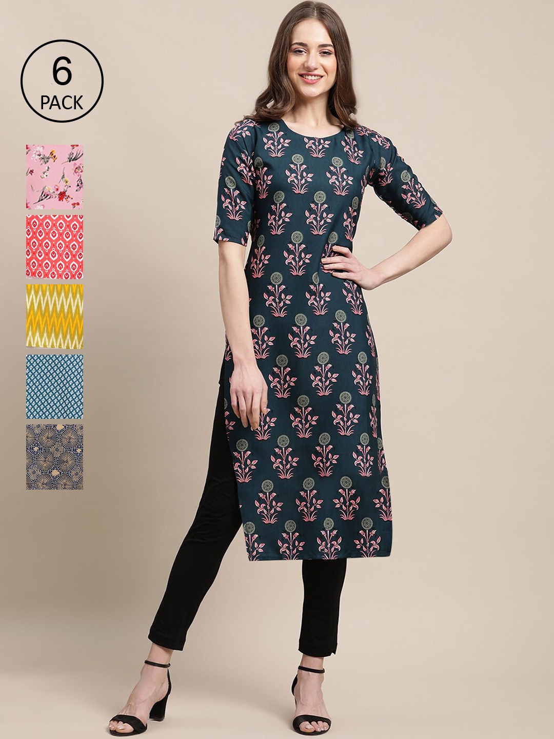 

7Threads Women Green & Pink Pack of 6 Floral Printed Crepe Kurta