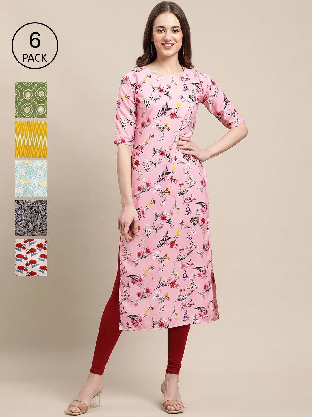 

7Threads Women Pink & Green Pack of 6 Floral Printed Crepe Kurta