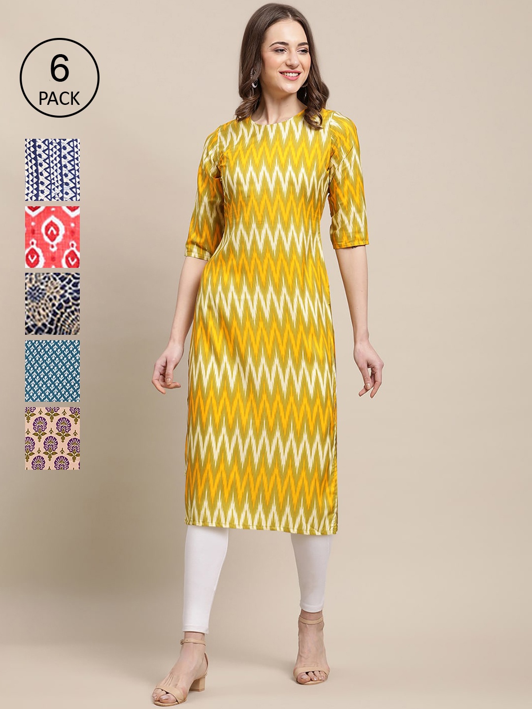 

7Threads Women Yellow & Red Pack of 6 Geometric Printed Crepe Kurta