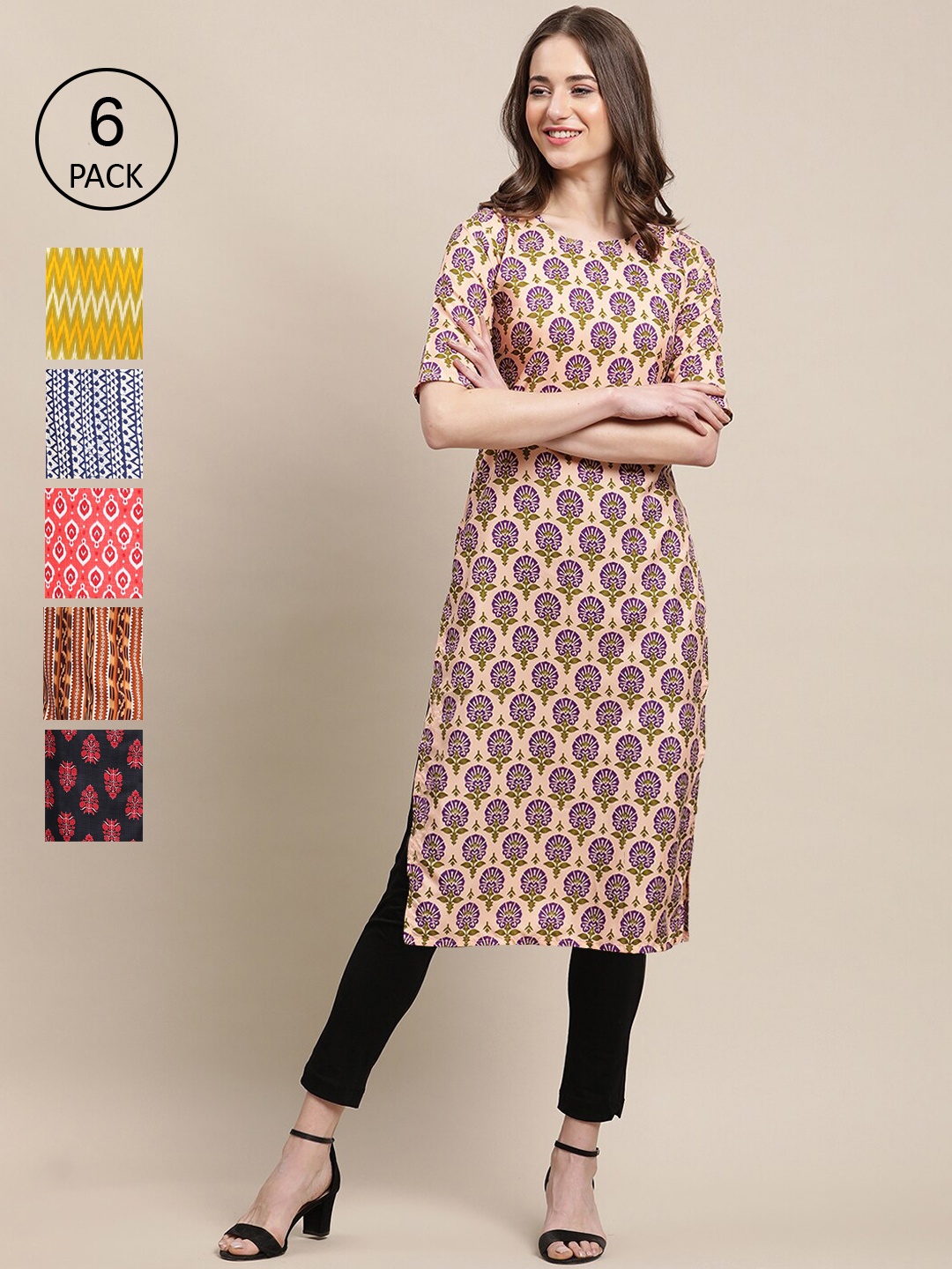 

7Threads Women Beige & Yellow Pack of 6 Floral Printed Crepe Kurta
