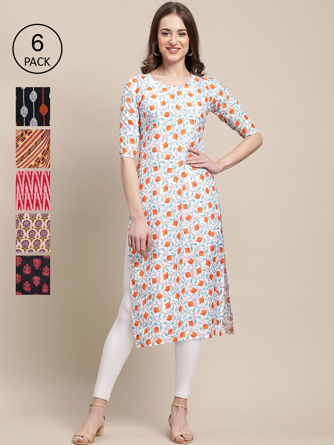 

7Threads Women Red & Black Pack of 6 Floral Printed Crepe Kurta