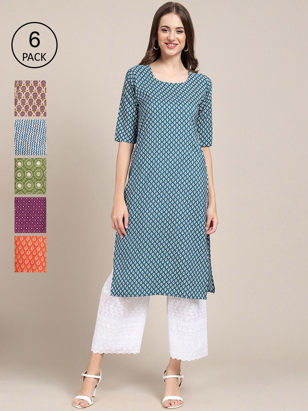 

7Threads Women Pack Of 6 Printed Crepe Straight Kurta, Blue
