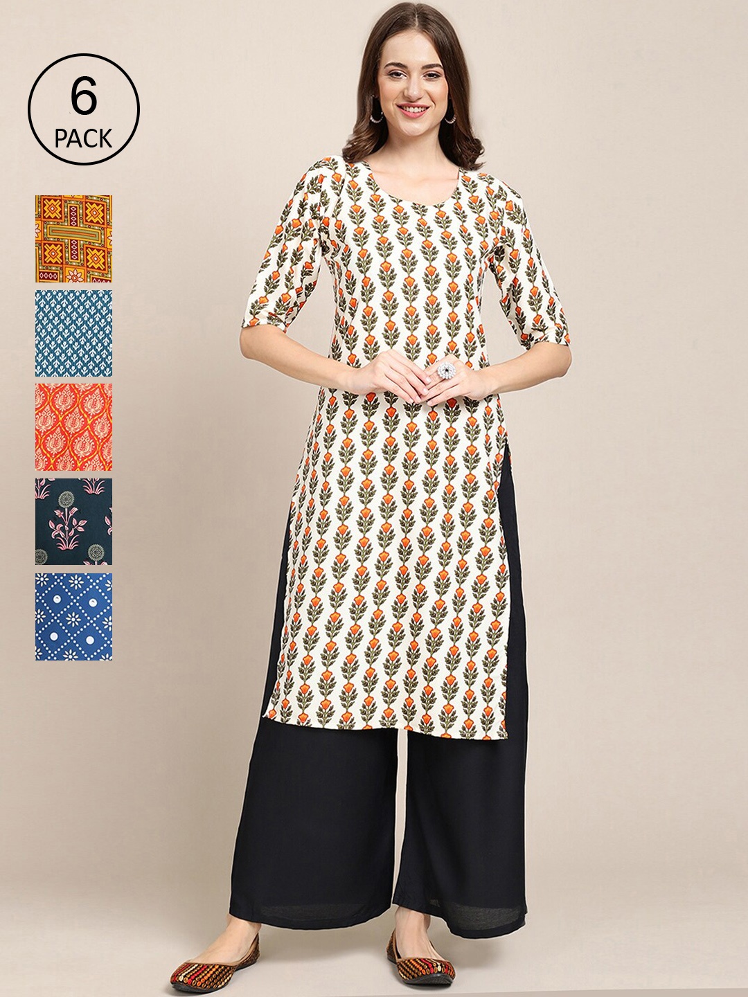 

7Threads Women Pack Of 6 Printed Crepe Straight Kurta, Blue