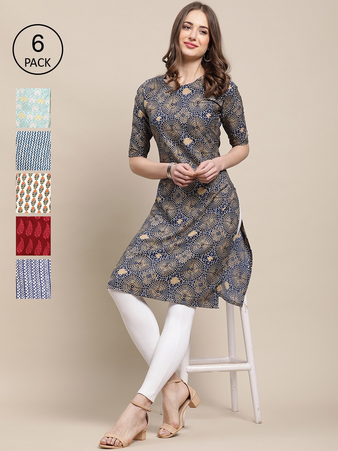 

7Threads Women Pack Of 6 Printed Crepe Straight Kurta, Blue
