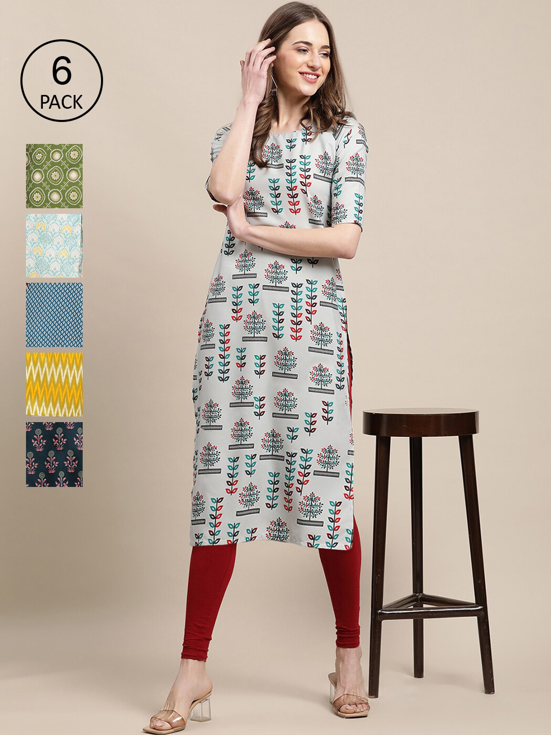 

7Threads Women Pack Of 6 Printed Crepe Straight Kurta, Blue