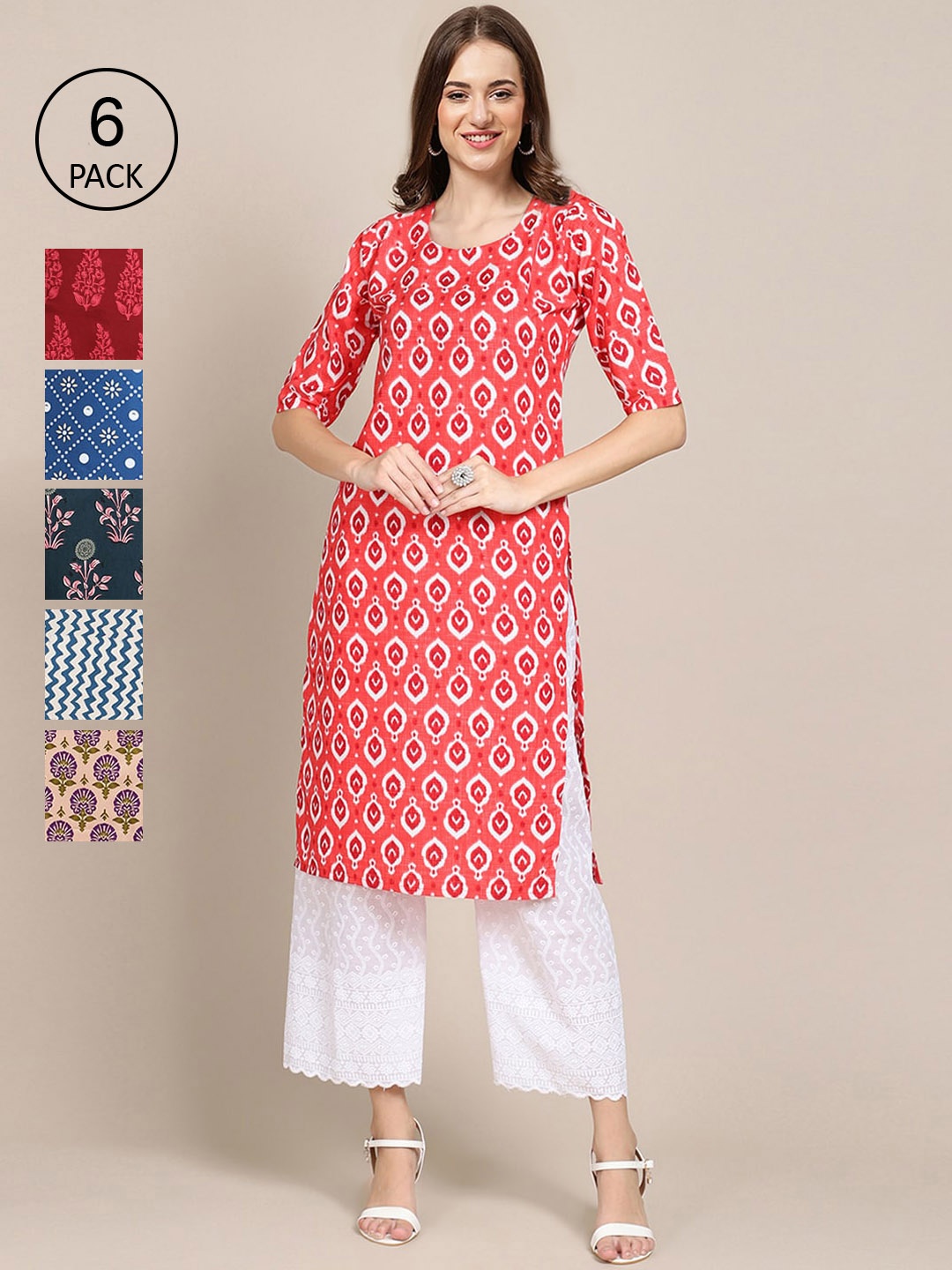 

7Threads Women Pack Of 6 Printed Crepe Straight Kurta, Blue