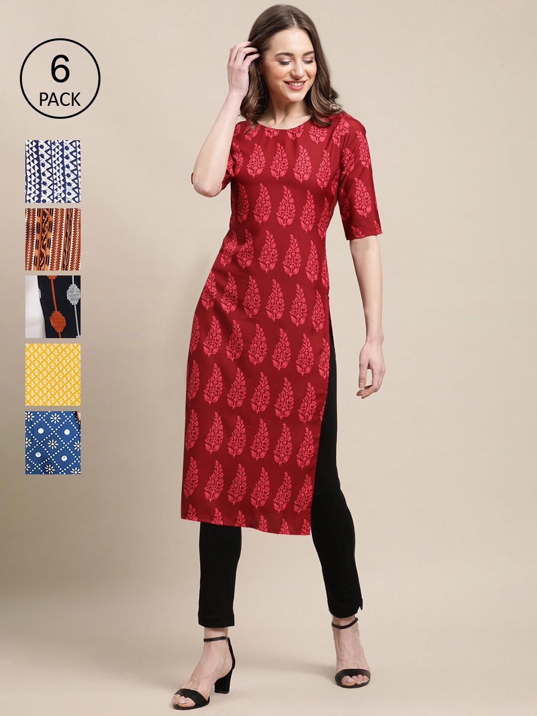 

7Threads Women Pack Of 6 Printed Crepe Straight Kurta, Blue