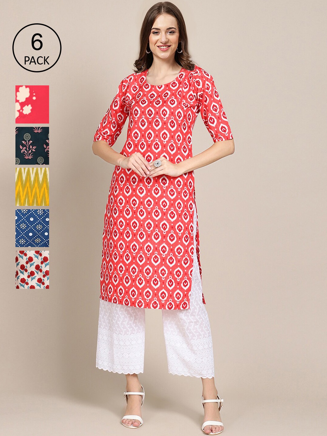 

7Threads Women Pack Of 6 Printed Crepe Straight Kurta, Coral