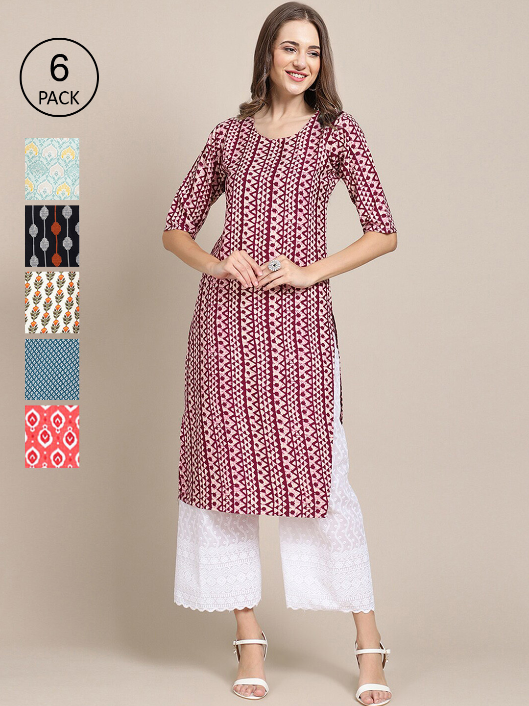

7Threads Women Pack Of 6 Printed Crepe Straight Kurta, Blue