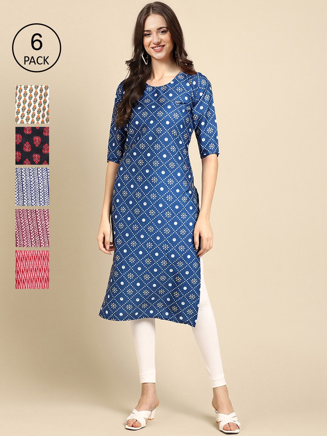 

7Threads Women Pack Of 6 Printed Crepe Straight Kurta, Blue