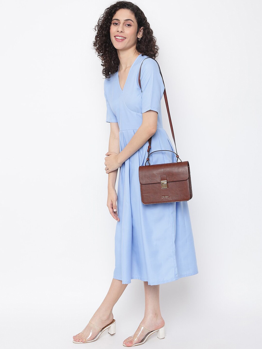 

KLEIO Tan PU Structured Satchel Push Lock Messenger Sling Bag