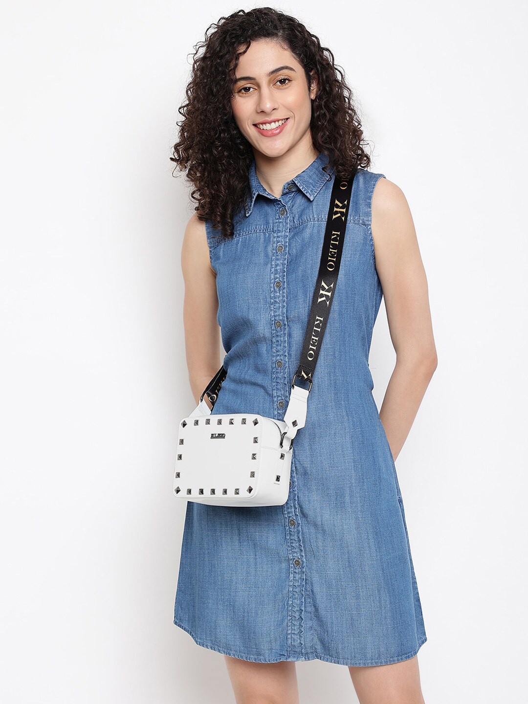 

KLEIO Square Structured Studded Sling Bag, White