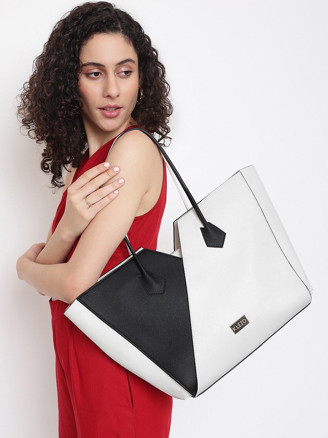 

KLEIO White Colourblocked PU Structured Shoulder Tote Bag