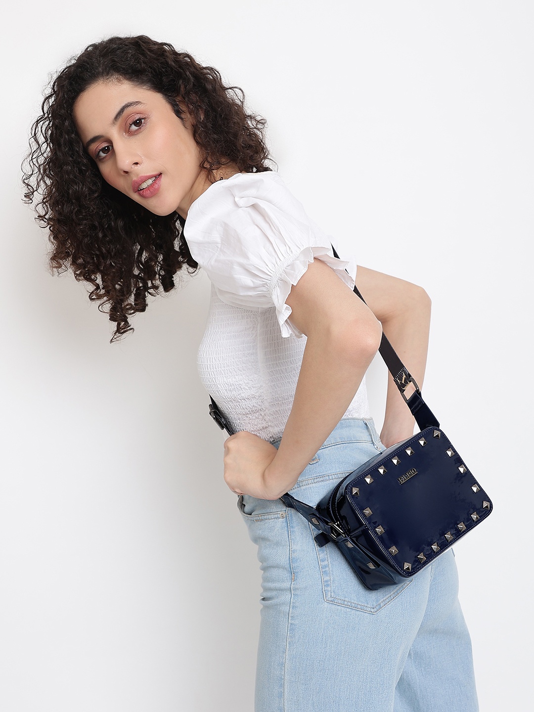 

KLEIO Women Studded PU Structured Sling Bag, Blue