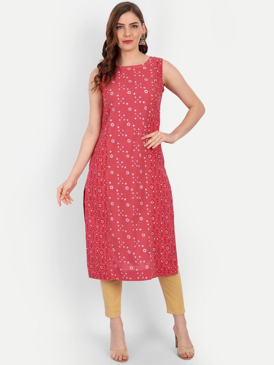 

SUTI Women Pink & White Cotton Geometric Printed Kurta