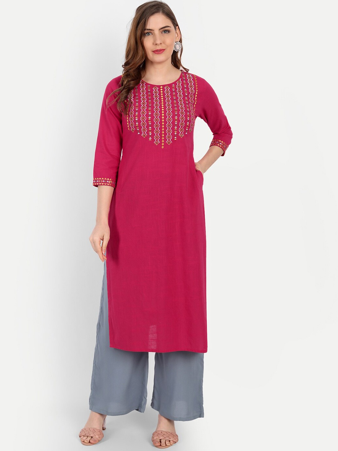 

SUTI Women Pink & Yellow Cotton Yoke Design Thread Work Kurta