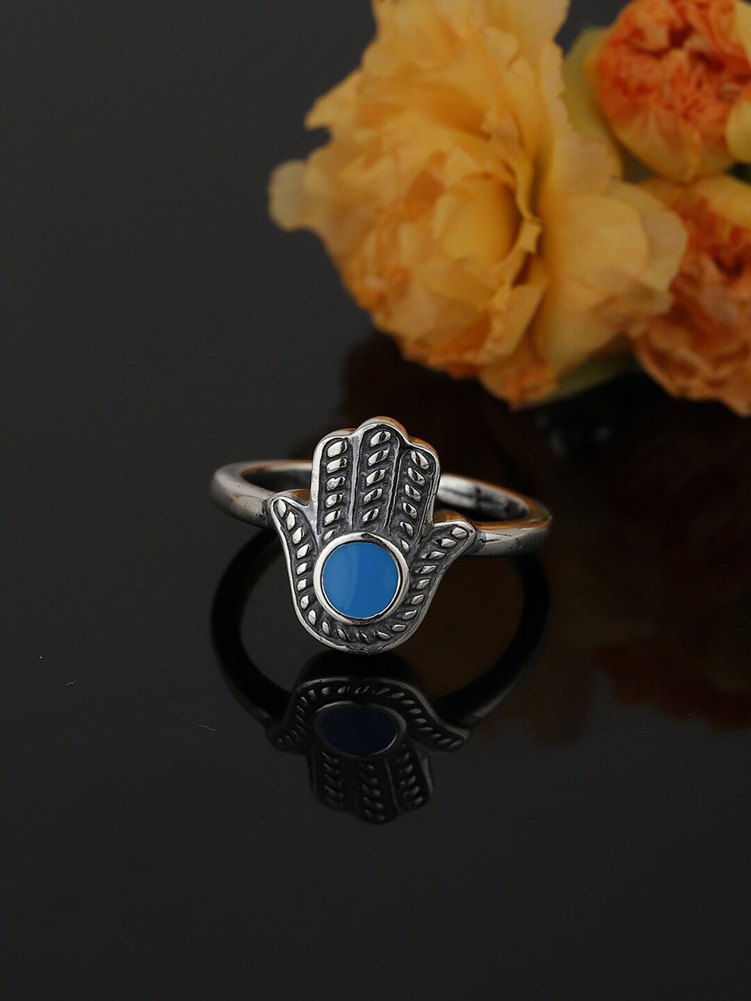 

VANBELLE Silver-Plated Blue Kundan Studded Adjustable Finger Ring