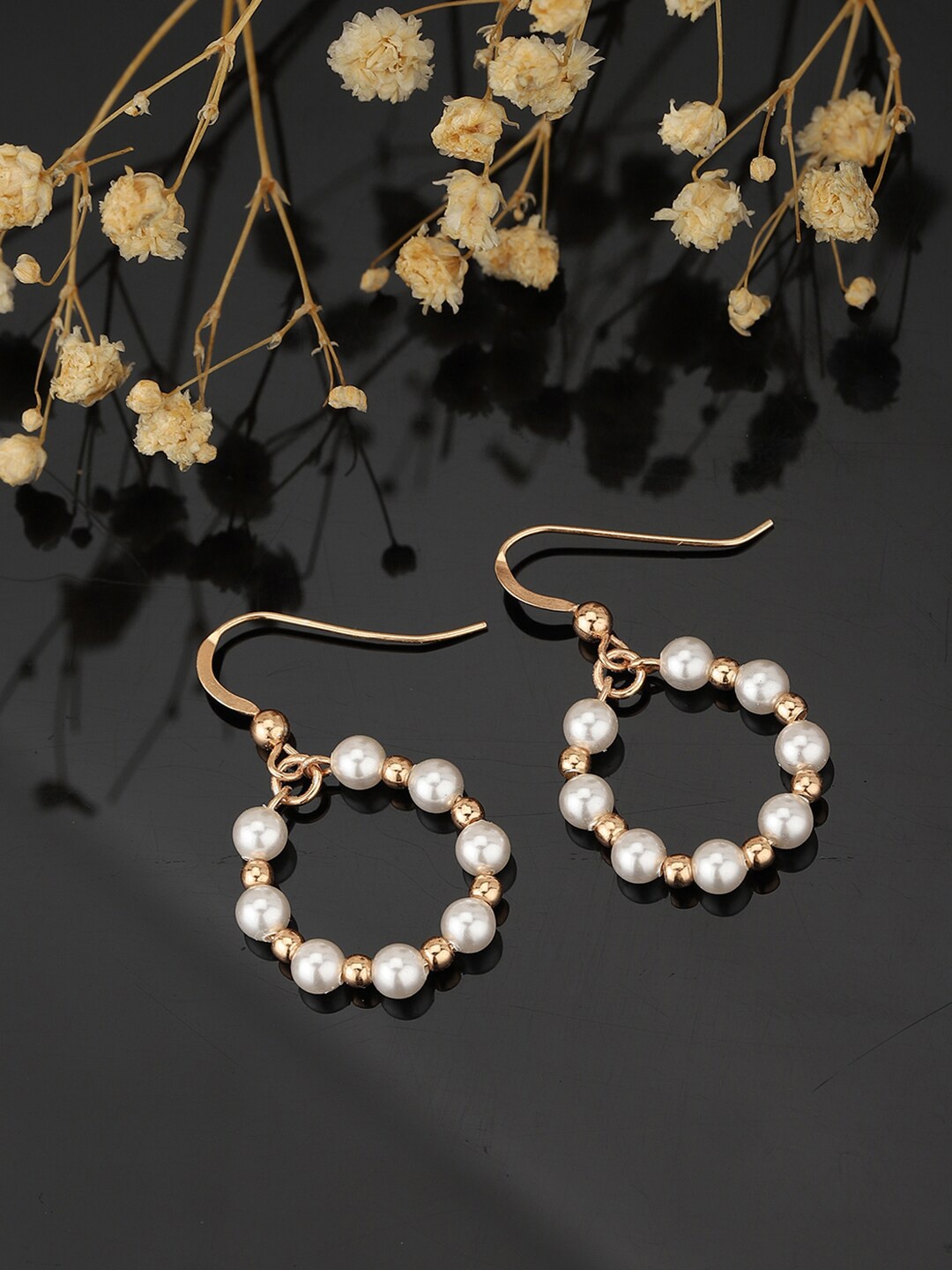 

VANBELLE Rose Gold Plated & White Pearls Studded Circular Drop Earrings