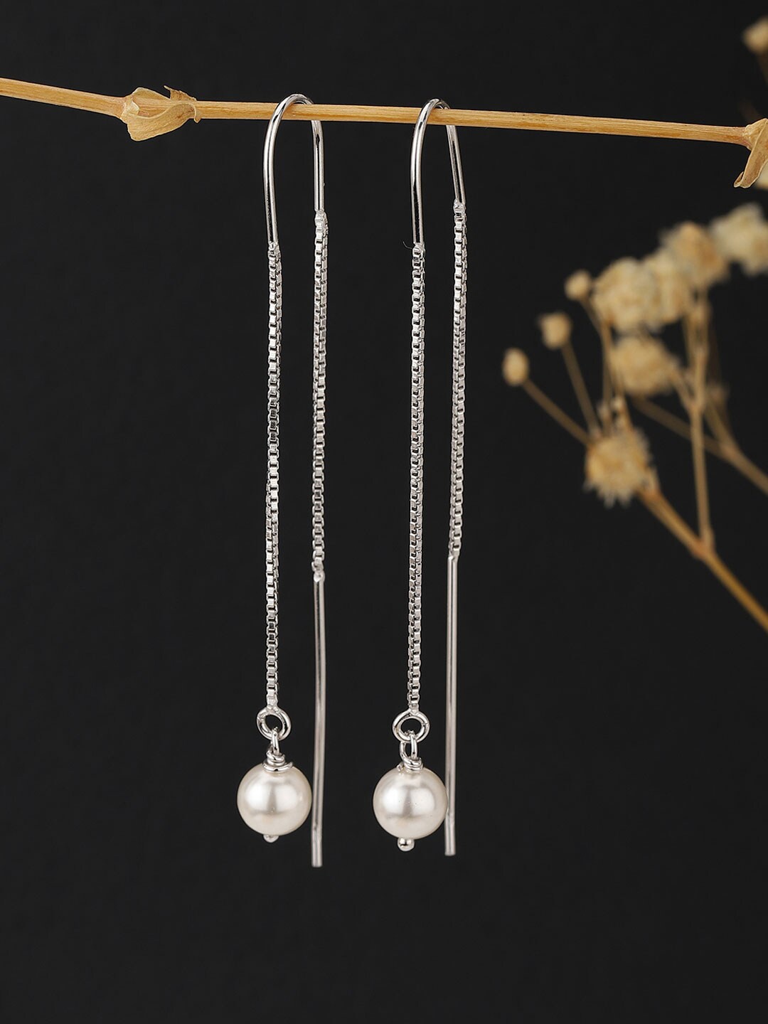 

VANBELLE Women Silver-Toned & White Contemporary Drop Earrings