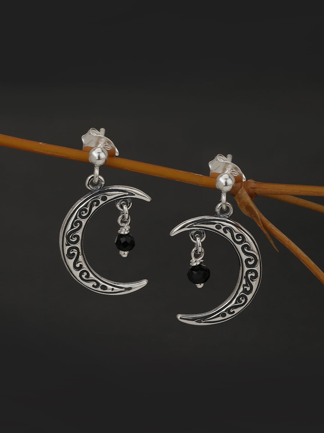 

VANBELLE Women Silver-Toned & Black Crescent Shaped Drop Earrings