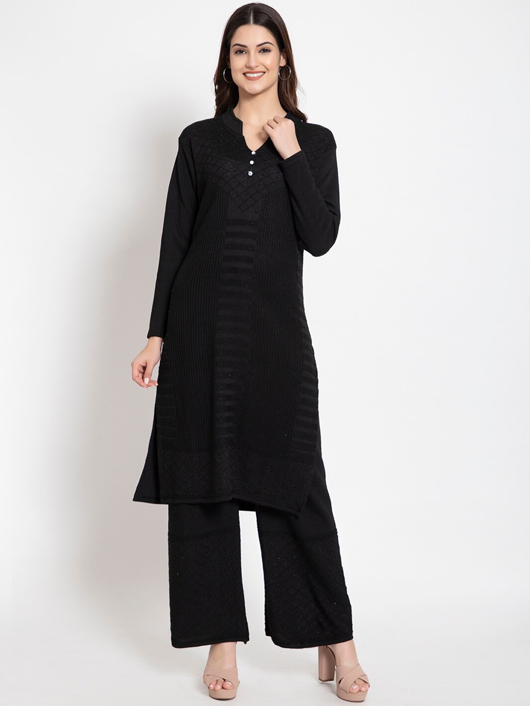

TYSORT Self Design Mandarin Collar Woolen Kurta With Palazzos, Black
