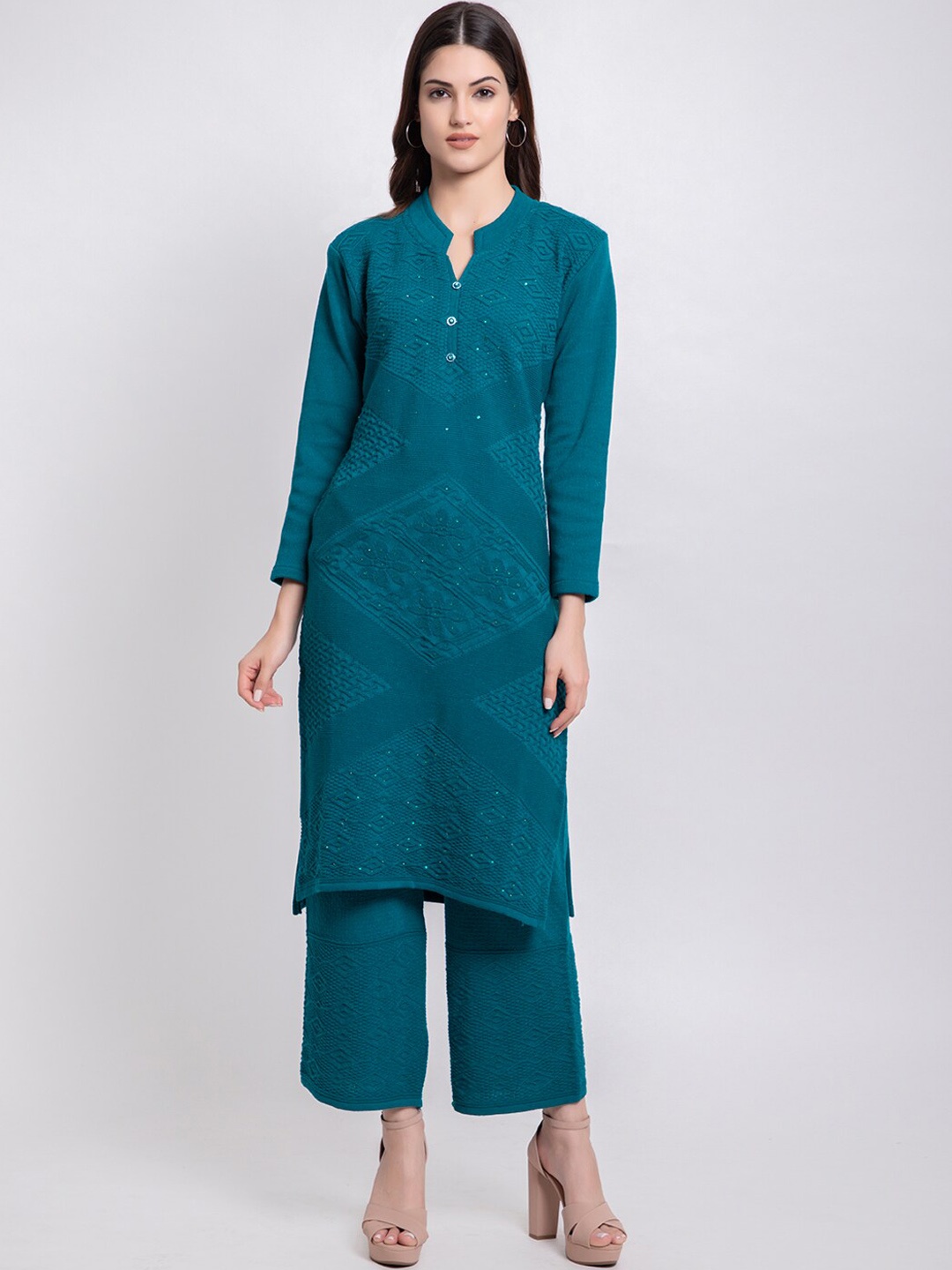 

TYSORT Beads and Stones Woolen Kurta with Palazzo, Turquoise blue