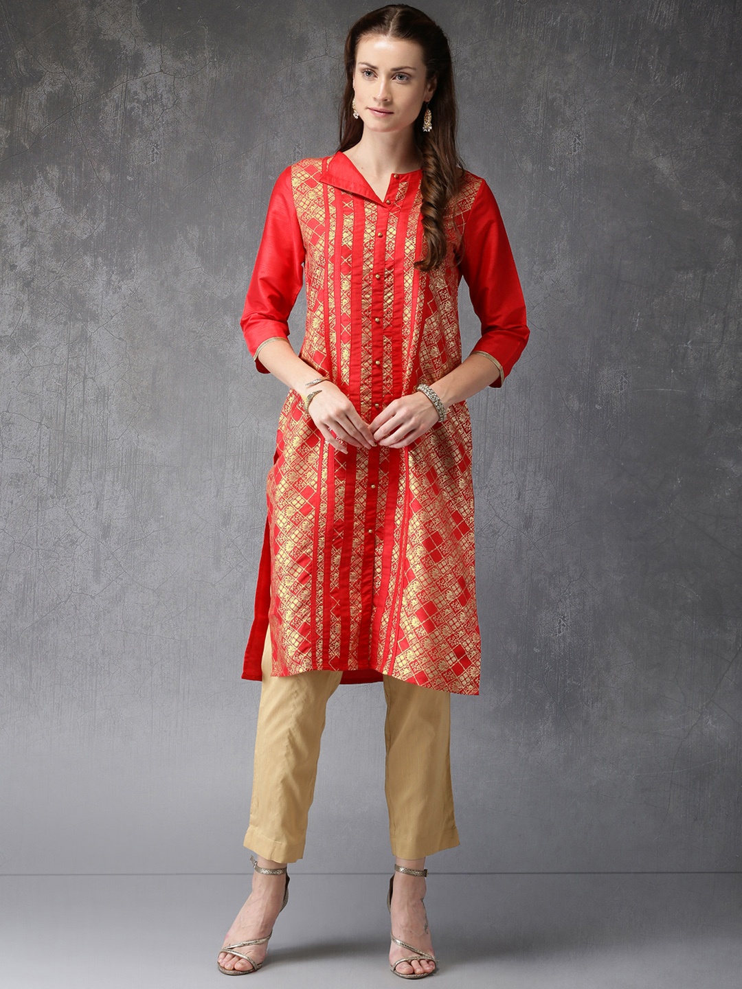 

Anouk Women Red & Gold-Toned Printed Straight Kurta