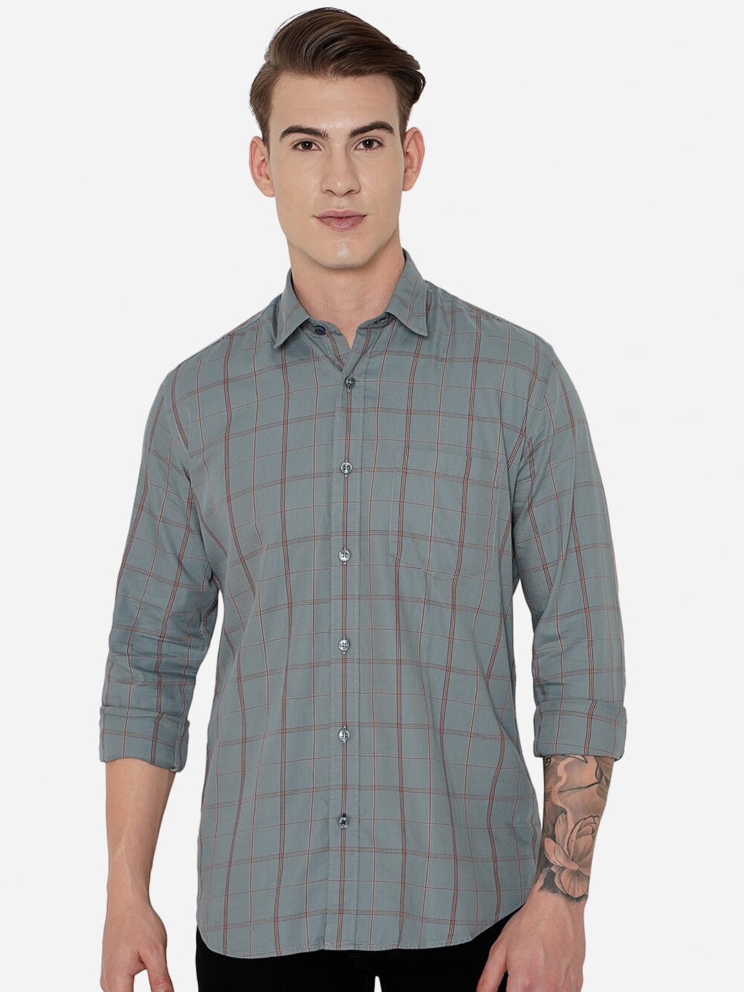 

JADE BLUE Men Grey Slim Fit Checked Pure Cotton Casual Shirt