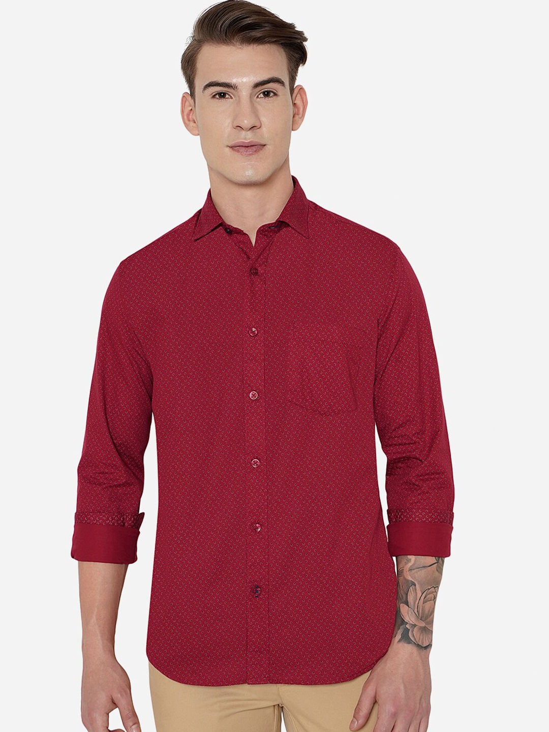 

JADE BLUE Slim Fit Printed Pure Cotton Casual Shirt, Red